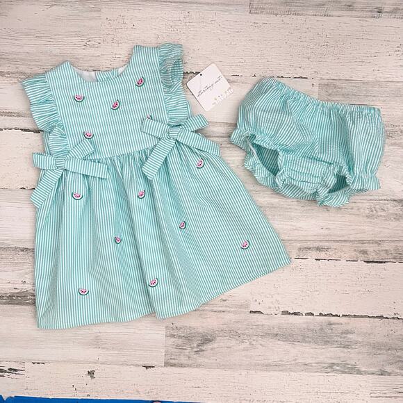 Starting Out Baby Girls 18M Watermelon Seersucker Dress Set Bloomers Bow New - Picture 2 of 9